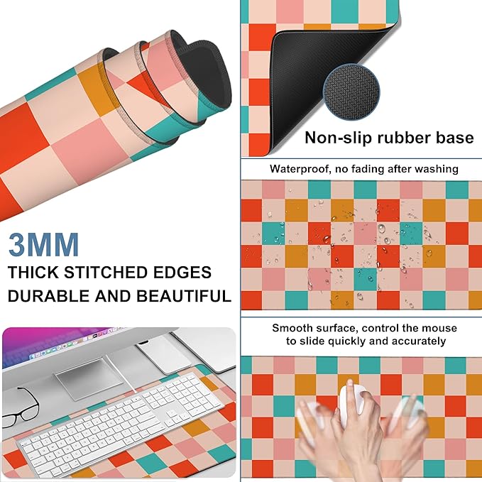 Large Mouse Pad Retro Checkerboard Gaming Desk Pad Computer Keyboard Non-slip Waterproof Mouse Mat with Rubber Base and Stitched Edges Entertainment Office Writing Desk Mat 35.4 x 15.7 Inches