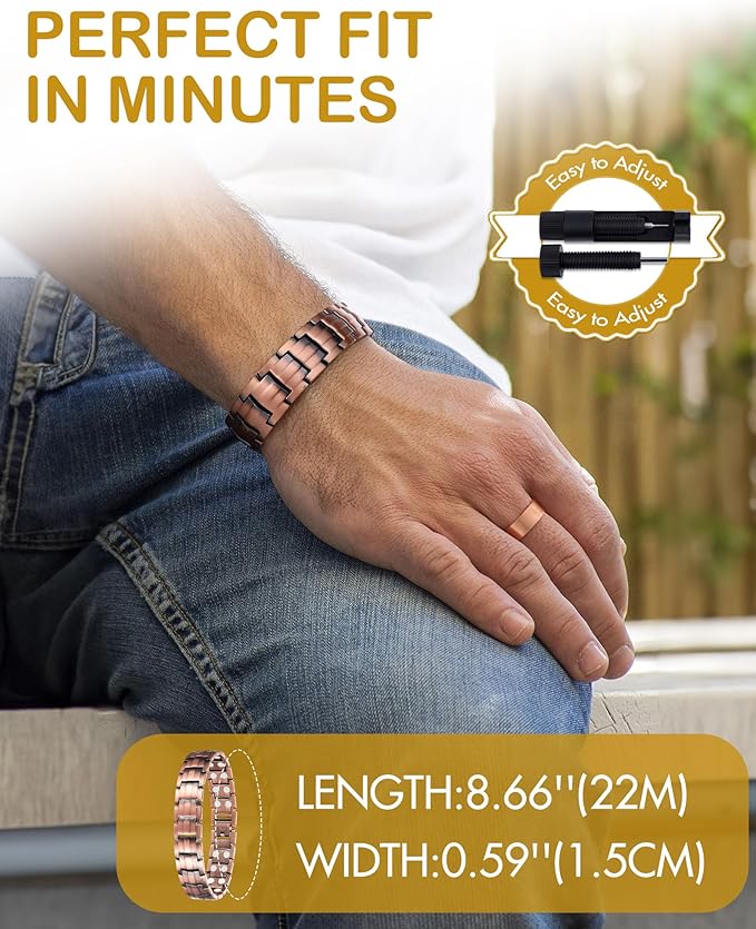 Feraco Men's Copper Magnetic Bracelet and Ring Elegant 99.99% Solid Copper Bracelets with Double-Row Strong Magnets, Magnetic Field Therapy Jewelry