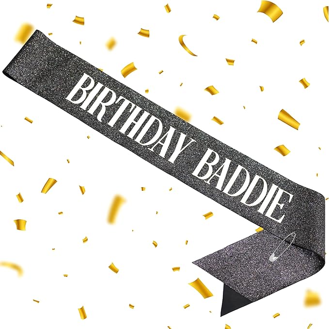 Birthday Sash, BIRTHDAY BADDIE Sash Birthday Sash for Women Girls Men Black Glitter Sash with Silver Foil Sparkly Scallion Decorations for Party Supplies