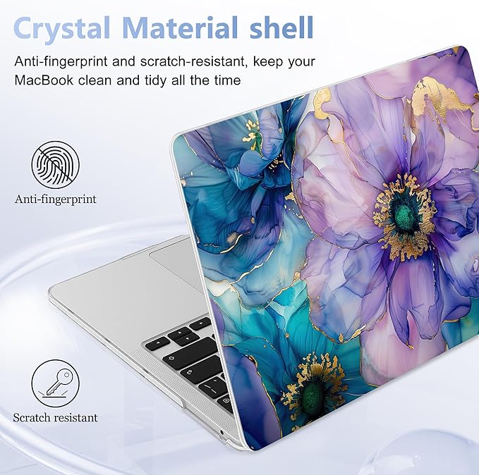 Case for MacBook Pro 13 inch with/Without Touch Bar (2016-2022, M2 A2338 M1 A2289 A2251 A2159 A1989 A1706 A1708), Hard Shell + Keyboard Cover + Dust Plug, Fluid Art Flowers
