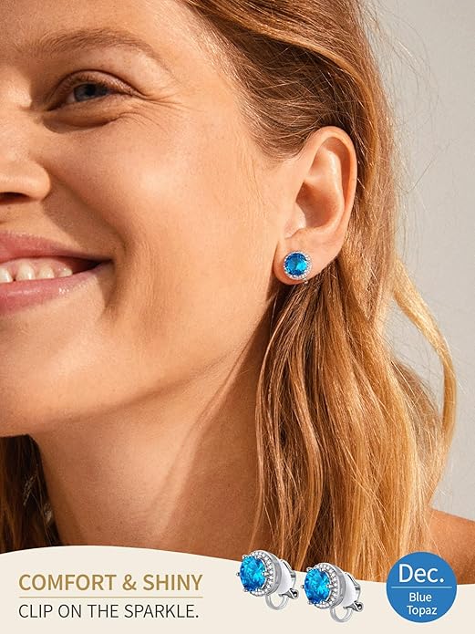 FindChic Sparkling Birthstone Clip On Earrings for Women, Silver Plated Stud Earrings 8MM Cubic Zirconia Non Pierced Studs, 12 Months Birthday Jewelry Gift