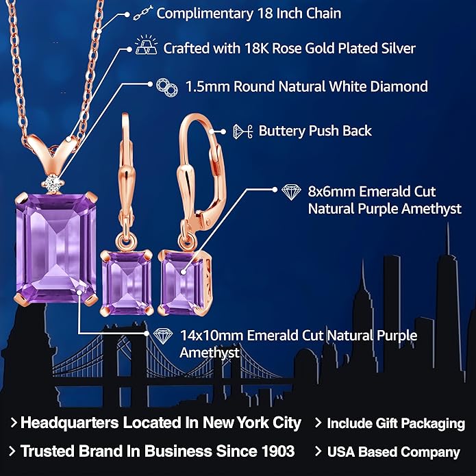 Gem Stone King 9-13 Cttw Pendant and Earrings Jewelry Set For Women | Emerald Cut 14X10MM and 8X6MM | Round 1.5MM | Gemstone Birthstone and Diamond | 925 Sterling Silver | 18 Inch Silver Chain
