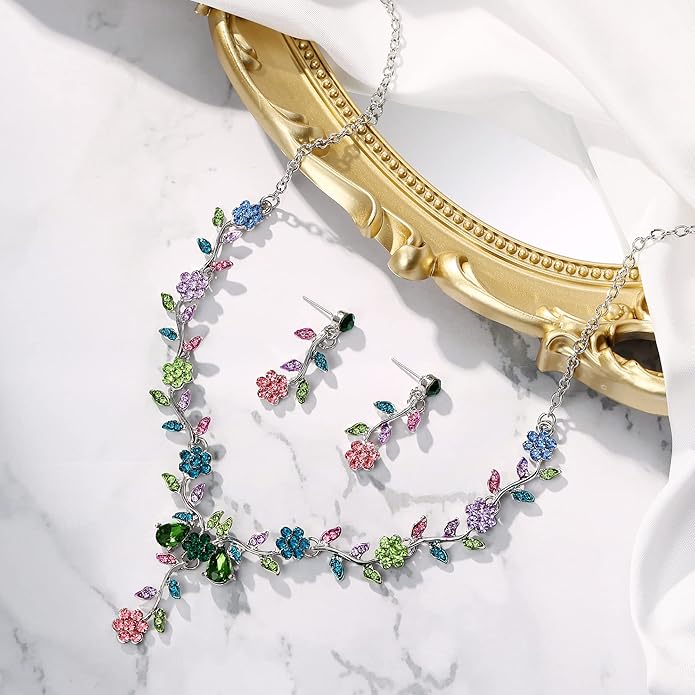 BriLove Women's Wedding Jewelry Leaf Cluster Flower Crystal Dangle Earrings Pendant Necklace Set for Bridal