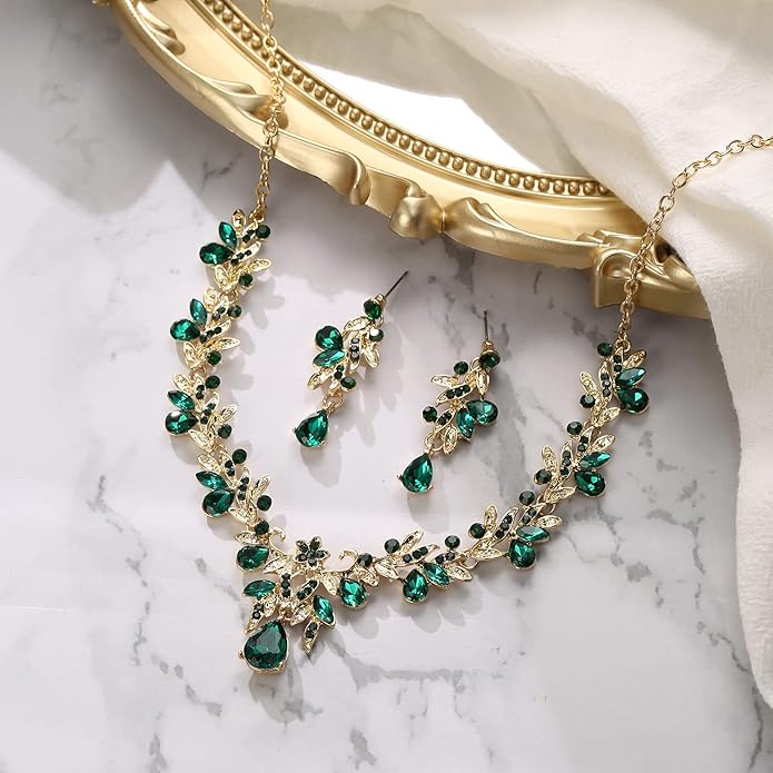 BriLove Women's Wedding Jewelery Set Leaf Flower Crystal Teardrop Marquise Cluster Pendant Necklace Dangle Earrings for Bridal Party