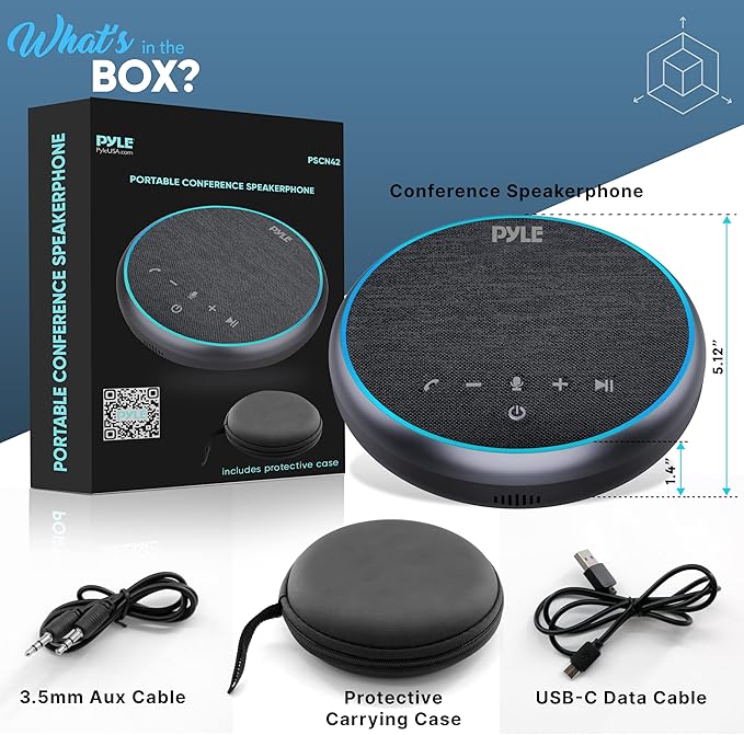 Pyle Portable Conference Speakerphone, Multifunctional Wireless BT Speaker Phone with USB C and Aux Cable, 10m Omnidirectional Microphone Coverage, Ideal for Home and Office Use