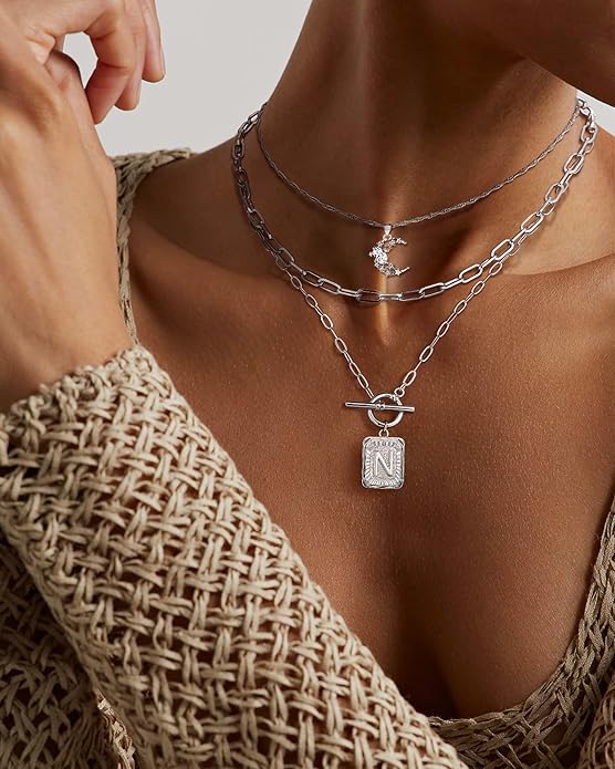 MJartoria Layered Initial Necklaces for Women Trendy, 14K Gold Plated Brass Simple Moon Choker Square Letter Pendant Necklace, Paperclip Chain Necklaces Jewelry Gifts