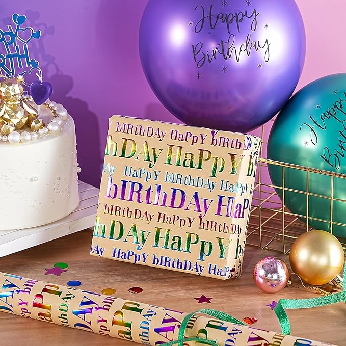 WRAPAHOLIC 3D Kraft Birthday Wrapping Paper Roll - Mini Roll - 17 Inch x 16.5 Feet - Brown and Colorful Foil Happy Birthday Wrapping Paper with Embossed for Kids Boy Girls, Baby Shower