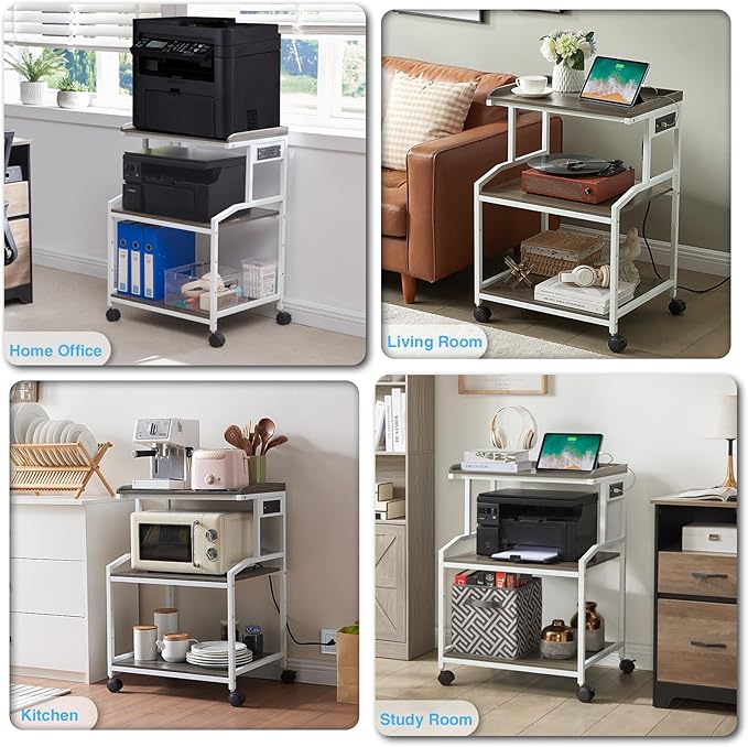 Lauren&Harold 34'' Printer Stand with Power Outlets & USB Ports, 3-Tier Adjustable Rolling Cart, Heavy Duty 150LBS Storage Table with Wheels for Office, Kitchen, Living Room, Grey/White