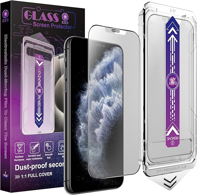 2 Pack Matte Screen Protector for iPhone X/iPhone XS/iPhone 11 Pro, 9H Tempered Glass, Full Coverage, Anti-Fingerprint, Auto Dust-Elimination, No Bubble, Easy Installation