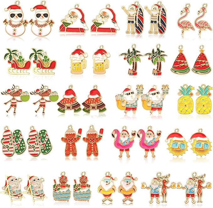 MARFOREVER 40 Pcs/20 Pairs Christmas in July Charms, Summer Christmas Enamel Charm Holiday in July Beach Hawaiian Pendants for Bracelet Necklace Earrings Making Accessories