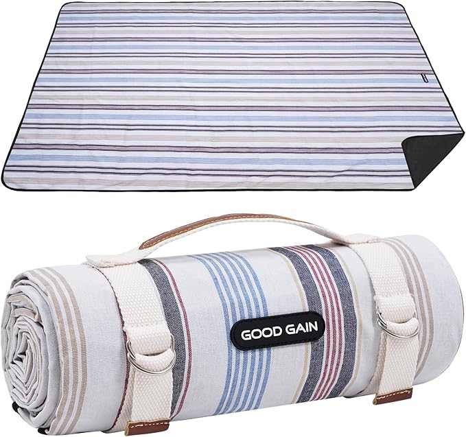 G GOOD GAIN Waterproof Picnic Blanket Portable with Carry Strap for Beach Mat or Family Outdoor Camping Party（Oyster）