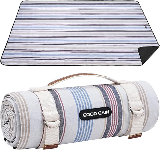 G GOOD GAIN Waterproof Picnic Blanket Portable with Carry Strap for Beach Mat or Family Outdoor Camping Party（Oyster）