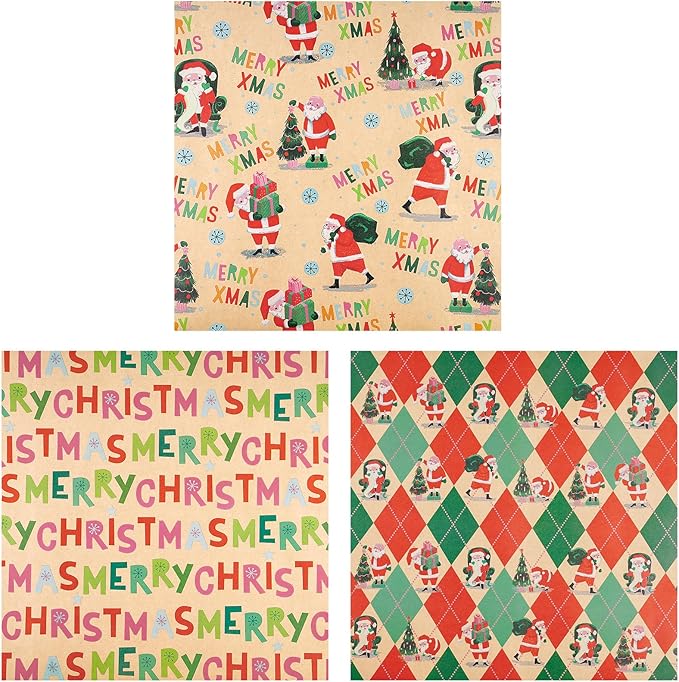 RUSPEPA Christmas Wrapping Paper Roll Set, Mini Rolls, Vintage Santa, Merry Christmas Text and Holiday Scenes Design Gift Wrap for Kids, Adults and Holiday, 3 Rolls, 17 inches x 10 feet per Roll