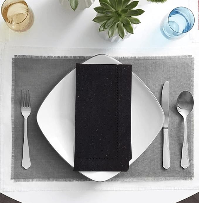 LFH Home Hemstitched Cloth Dinner Napkins 18x18 Inch Set of 12 - Reusable 100% Cotton Machine Washable Cocktail Napkins with Metered Corners for Daily, Party, Wedding, Bar Use - Black