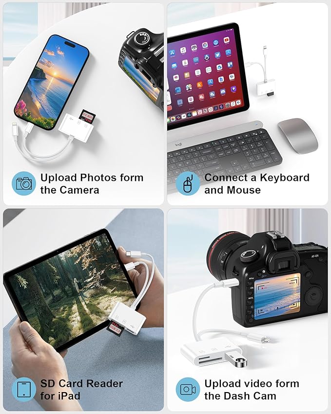 3 in 2 Lightning & USB-C SD Card Reader for iPhone 16 Pro Max 15 Plus 14, Dual Port OTG MicroSD Memory Card Reader Dongle Adapter with SD/TF/USB3.0 Slot for Camera iPad Galaxy S25 S24 MacBook Air/Pro