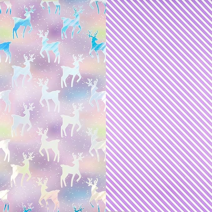 RUSPEPA 30" X 32.8' Reversible Christmas Wrapping Large Paper Roll, Colorful Foil Pastel Reindeer Design and Purple Stripes, Dreamy Gift Wrap for Girls, Women, Friends, Xmas Holiday Gifts