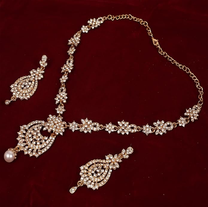 Touchstone Indian jewelry sets for women maang tikka wedding guest gold necklace bollywood jewellery set pageant elegant prom bride accessories western crystal chunky rhinestone necklaces