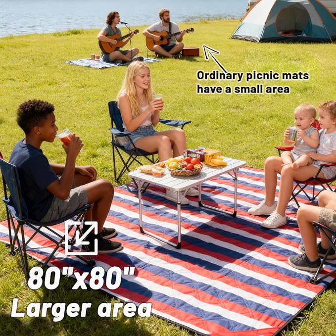 Picnic Blanket Waterproof 80"x80" – Extra Large Outdoor Blanket for Beach, Park, Grass, Lawn, Camping, Sandproof, Foldable & Portable Mat, Wedding Registry Gift for Family & Travel