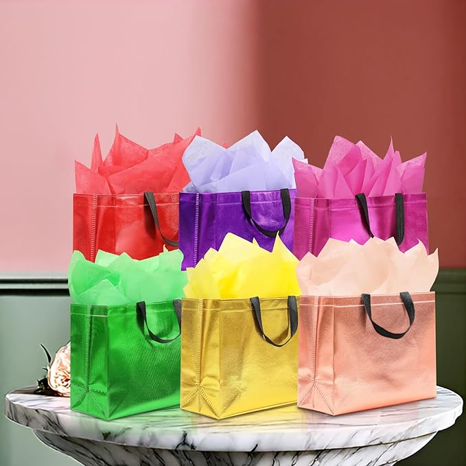 KeerxunBag 12Pcs Reusable Gift Bags（Includes Tissue Paper） Gift bag with handle Birthdays Parties Holidays Weddings Medium 13x5x11in colorful Gift Bags