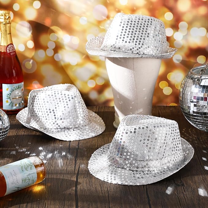Janmercy 12 Pieces Western Sequin Hat Glitter Solid Color Dance Hat Retro Disco Unisex Costume Cap for Party Props Supplies