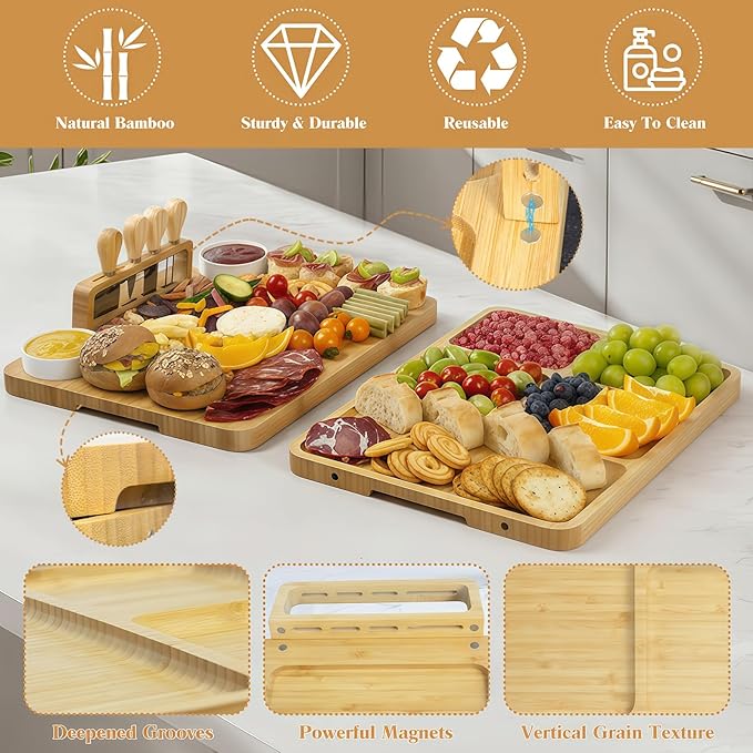 Large Bamboo Charcuterie Boards 2 Sets(16"*12"*0.8") Cheese Board & Platter Tray Accessories with Knives for Entertaining | Wedding, Bridal Shower & Housewarming Gifts for Women and Couples