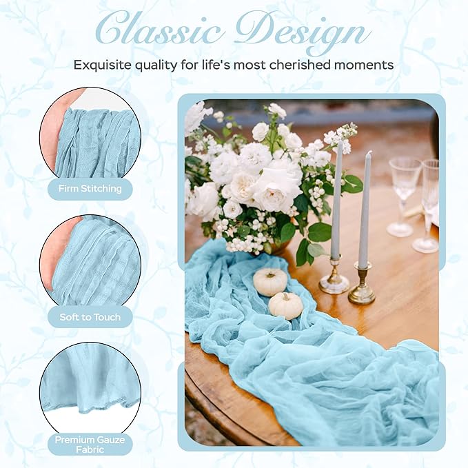 Cheesecloth Table Runner 6 Pack – 35x120 Inch (10ft) Boho Rustic Gauze Cloth Runners – Crinkle Polyester Table Decor for Wedding, Baby Shower, Bridal Shower, Birthday Party and More (Sky Blue)
