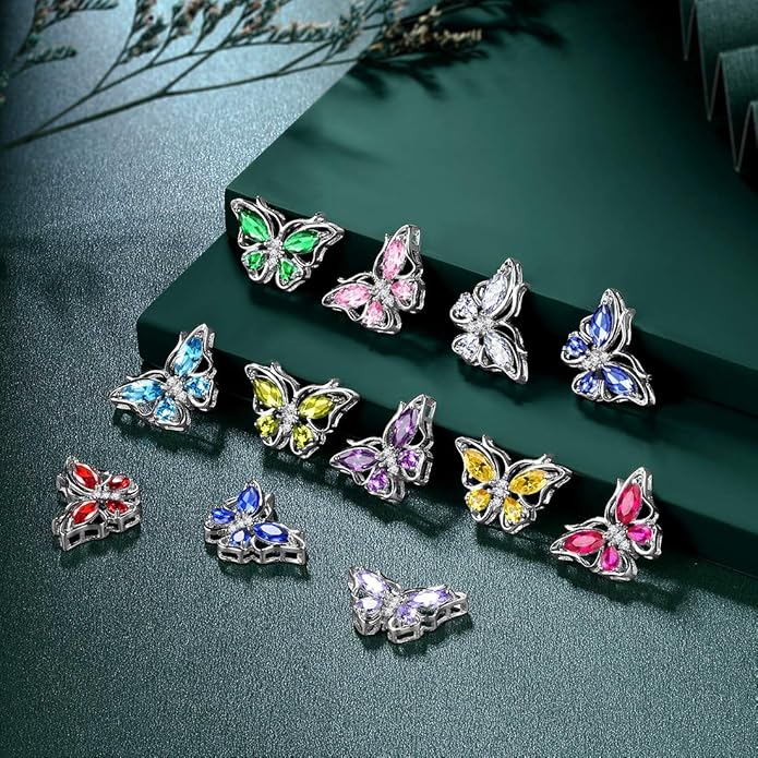 925 Sterling Silver Birthstone Butterfly Jewelry Women Crystal Animal Cute Butterflies Birthday Necklace/Earring/Ring/Bracelet Sets Birth Stone Statement Anniversary Jewellery