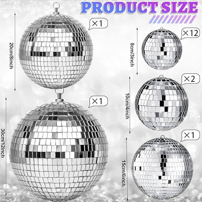 17 Pcs Disco Ball Decorations Assorted Size Disco Ball Ornaments, Mini Large Hanging Party Favors for Christmas New Year Weddings Decor Festival Stage Prop(12, 8, 6, 4, 3.2 Inch)