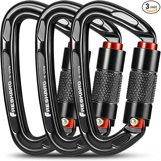 FresKaro UIAA Certified 25KN Auto Locking Climbing Carabiner Clips, Twist Lock, and Heavy Duty Carabiners for Rock Climbing, Rappelling, and Mountaineering, D Shaped