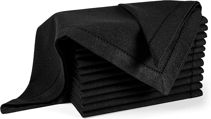 Palisa Cloth Dinner Napkins with Hemstitched Detailing & Mitered Corners Set of 12 (18x18 Inches) Black - Cotton Reusable Dinner Napkins - Perfect for Weddings & Everyday Use