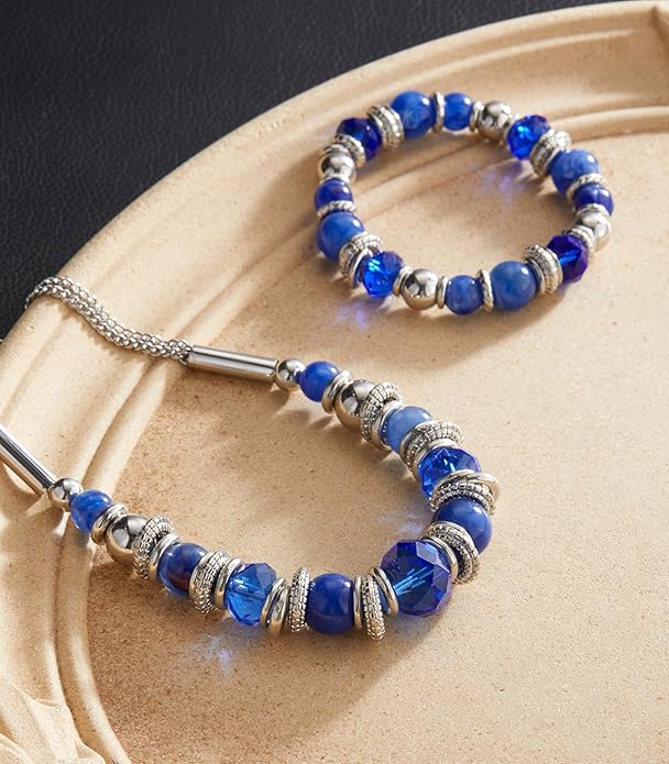 PEARL&CLUB Silver Beaded Statement Necklaces for Women Chunky Bead Necklace Bracelet and Earring Costume Jewelry Sets Gifts for Mom