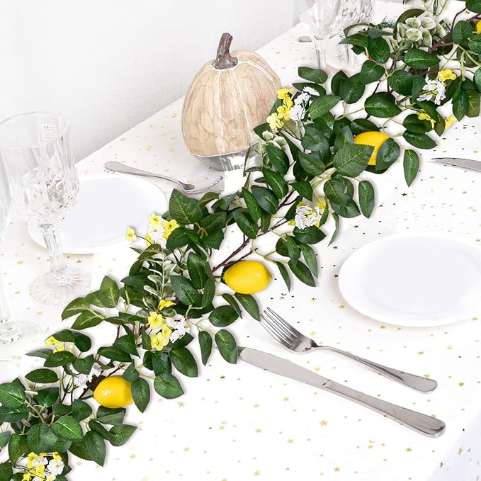U'Artlines 4Pcs Total 24 Ft Artificial Lemon Garland Spring Summer Faux Fruit Vine Garlands with Greenery for Door Wall Mantle Wedding Party Table Decorations