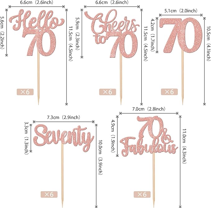 30PCS Happy 70th Birthday Cupcake Toppers Glitter Hello 70 Fabulous Seventy Cheers to 70 Years Old Birthday Cupcake Picks for Happy 70th Birthday Anniversary Party Cake Decorations Supplies Rose Gold