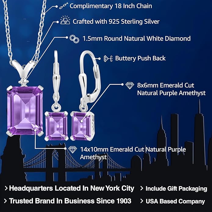 Gem Stone King 9-13 Cttw Pendant and Earrings Jewelry Set For Women | Emerald Cut 14X10MM and 8X6MM | Round 1.5MM | Gemstone Birthstone and Diamond | 925 Sterling Silver | 18 Inch Silver Chain
