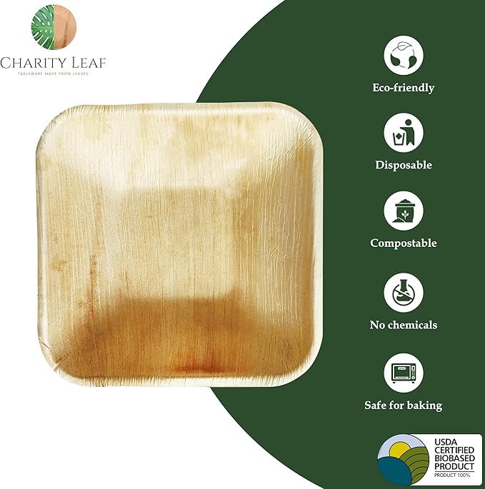 Charity Leaf Disposable Palm Leaf 5" Square Bowl (200 pcs) Dipping Bowls | Bamboo Like| All Natural and Biodegradable | Charcuterie Boards, BBQs, and Parties