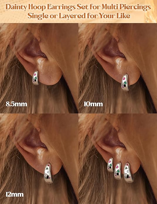 14K Gold Plated Hoop Earrings Set for Women - 3Pairs Chunky 14K Gold Plated Silver Huggie Earrings Small Earrings Lightweight Hypoallergenic MultiColored CZ Hoop Earrings Stacks for Multiple Piercing