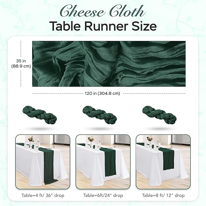 Cheesecloth Table Runner 6 Pack – 35x120 Inch (10ft) Boho Rustic Gauze Cloth Runners – Crinkle Polyester Table Decor for Wedding, Baby Shower, Bridal Shower, Birthday Party and More (Emerald Green)
