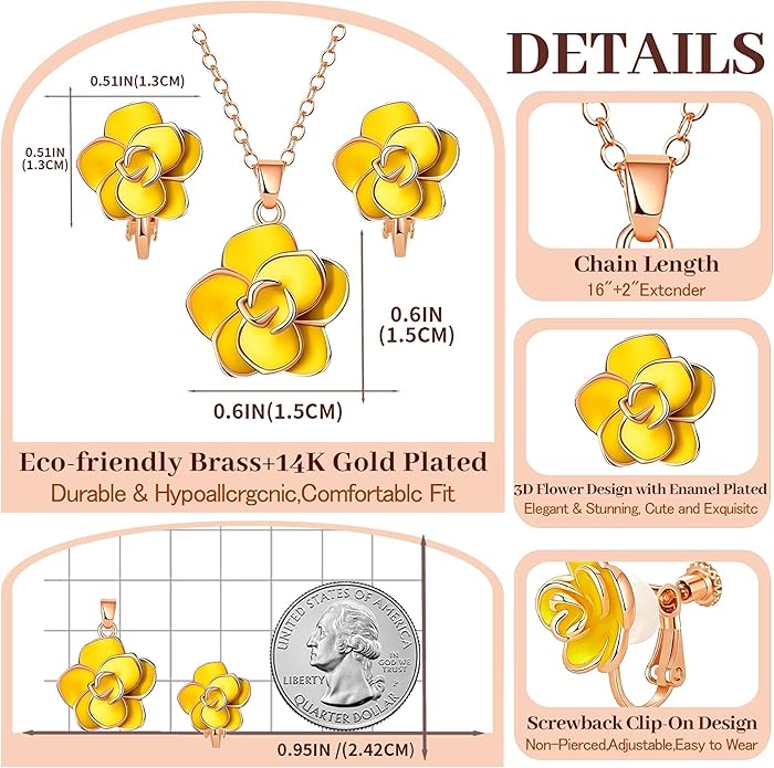 Dainty Rose Flower Pendant Necklace Clip On Earrings Set for Women 14K Gold Plated Hypoallergenic Jewelry Sets