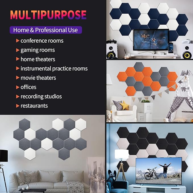 Mollywell Hexagon Acoustic Panels, High Density, Soundproofing, Decorative Noise Reduction Felt Wall Tiles for Ceilings, Home Office & Gaming Room (Black), 14x12x0.4 Inch