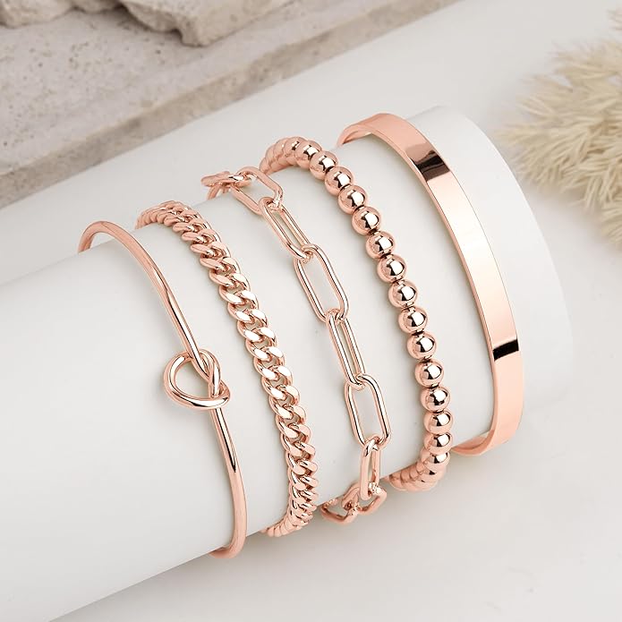 Gold Bracelets Set for Women Non Tarnish, 14K Gold Plated Sterling Silver Chunky Cuff Bracelet Stackable Gold Bangles Bracelet for Women Trendy Fashion Accessories Tie Knot Cuban Rope Paperclip Beaded Bracelet Stack Jewelry Valentines Day Gifts