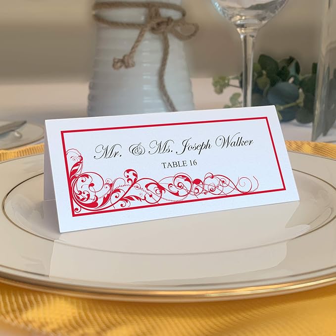 Scribble Vintage Swirl Printable Place Cards, Ruby Red (Choose Color), Set of 150 (25 Sheets), Laser & Inkjet Printers - Wedding, Party, Dinner, and Special Events