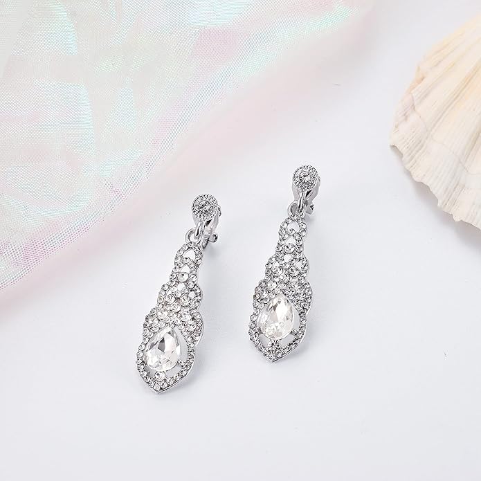 THUNARAZ 4 Pairs Silver Clip on Earrings for Women, Sparkly Rhinestone Tassel Chandelier Teardrop Dangle Earrings for Brides Bridesmaids Non Pierced Prom Jewelry Set