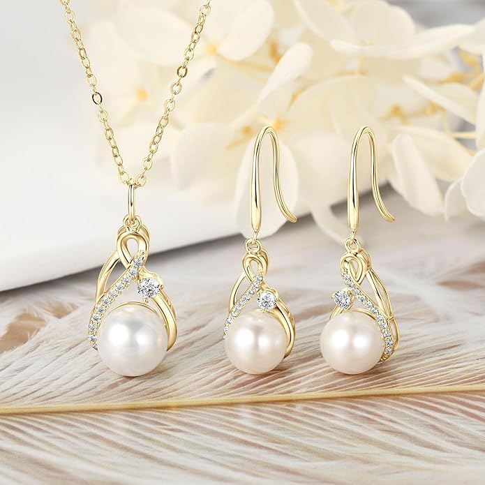 Sterling Silver Pearl Jewelry Set with Shiny Moissanite, Real Freshwater Pearl Earrings Necklace for Women, Wedding Jewelry for Brides Bridesmaid, Mother's Day