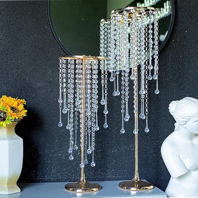 21.6in Bead Crystal Flower Arrangement Stand, Golden Flower Holder 2-Piece Lead Road Candle Holder,for Home Party Wedding Anniversary Christmas Decorations