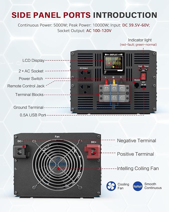 Power Inverter 5000 Watt Pure Sine Wave 48V DC to 110V/120V AC 10000W Peak Converter for Family RV Solar System with 2 AC Outlets LCD Display Remote Control 0.5A USB Charging Port and Wiring Terminal