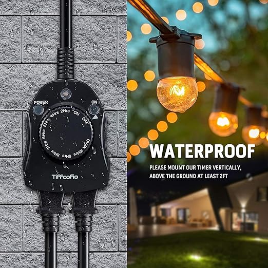 TiFFCOFiO Outdoor Christmas Light Timer, Dusk to Dawn Sensor Countdown, Outdoor Timers for Electrical Outlets Waterproof, 2 Grounded Outlets for Christmas Lights, 15A 1/2HP, CSA Listed (2 Pack)