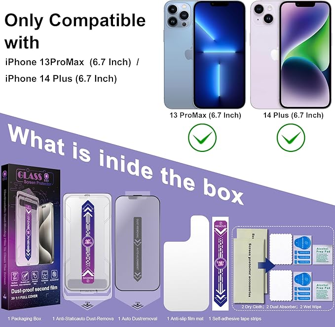 2 Pack Matte Screen Protector for iPhone 13 Pro Max/iPhone 14 Plus, 9H Tempered Glass, Full Coverage, Anti-Fingerprint, Auto Dust-Elimination, No Bubble, Easy Installation