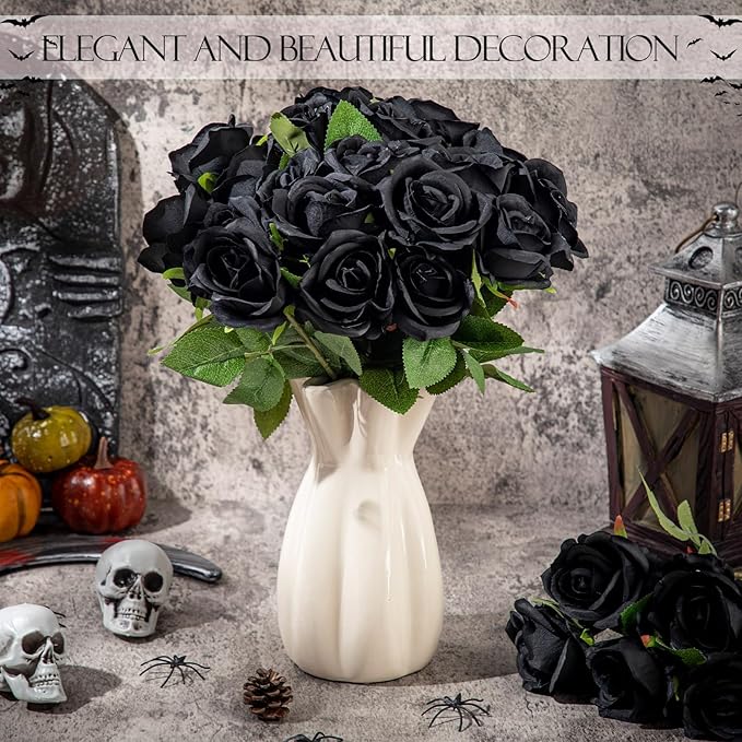 Hotop 80 Pcs Rose Artificial Flowers Bulk with Long Stem, Silk Roses Realistic Fake Flowers Bouquet for Wedding Table Centerpieces Bridal Shower Party Home Decorations(Black)