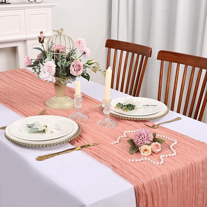 12 Pack Peach Cheesecloth Table Runner 10FT Boho Cheese Cloths Gauze Fabric Table Runners 120 Inch Rustic Sheer for Wedding Birthday Party Baby Shower Centerpiece Home Decorations