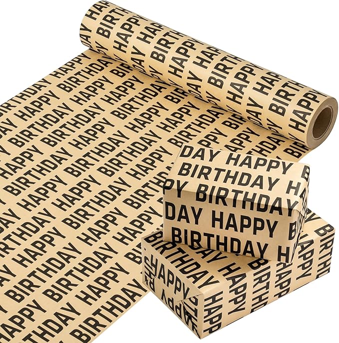 WRAPAHOLIC 30 Inch Jumbo Birthday Wrapping Paper Roll - 30 Inch x 33 Feet - Black Happy Birthday Wrapping Paper for Men Women Party Celebration